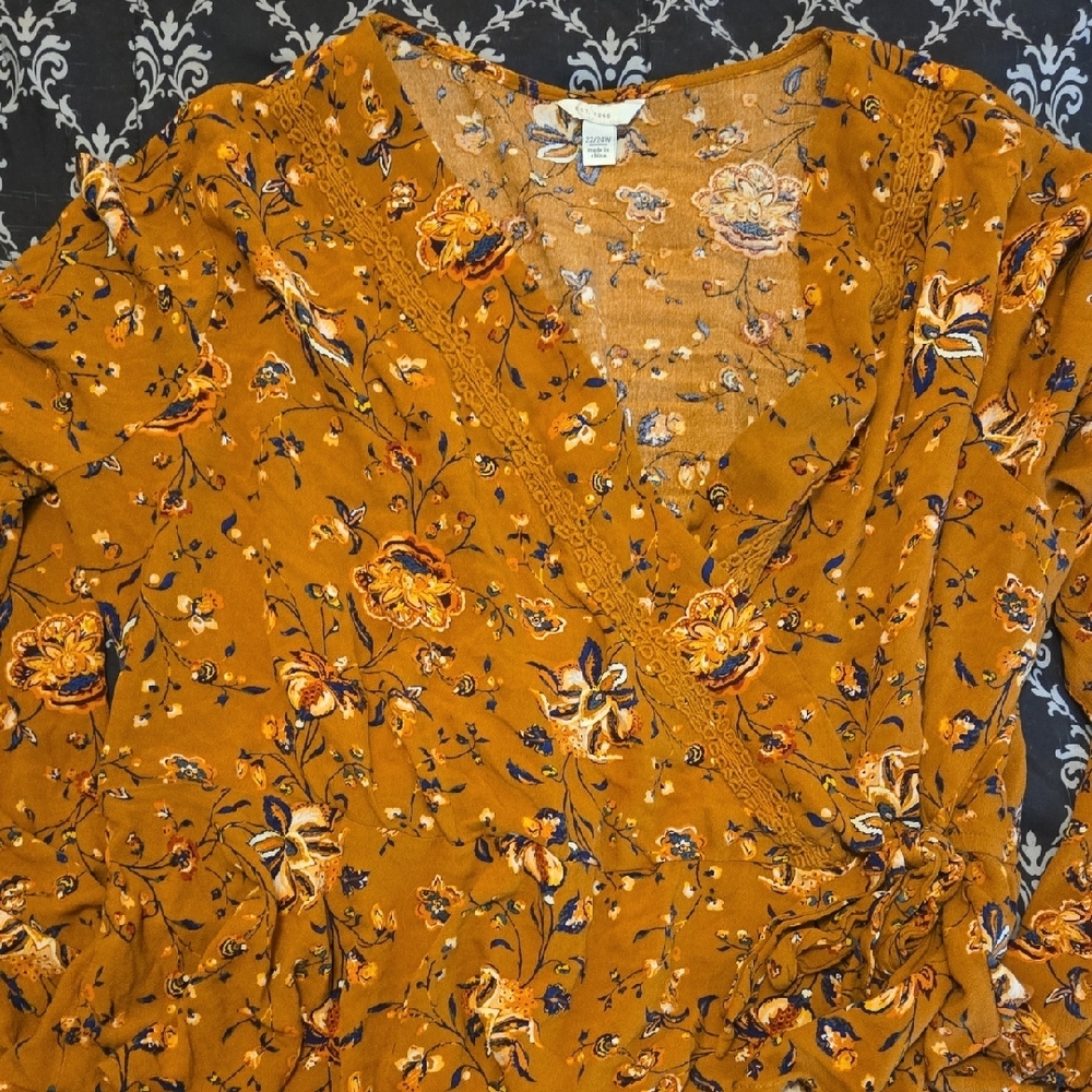 Cato Yellow Wrap Blouse with Ruffled Neckline